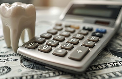 Model tooth next to calculator on dollar bills